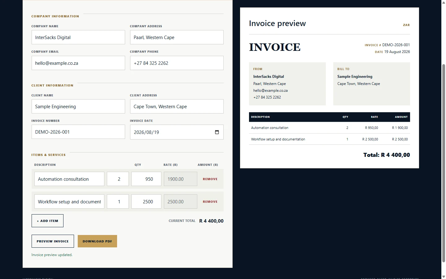 InterSacks Invoice Generator form with a completed invoice preview