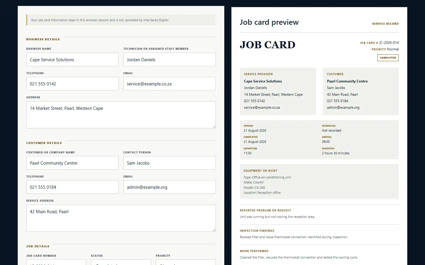 InterSacks Job Card Generator form with a completed service record preview
