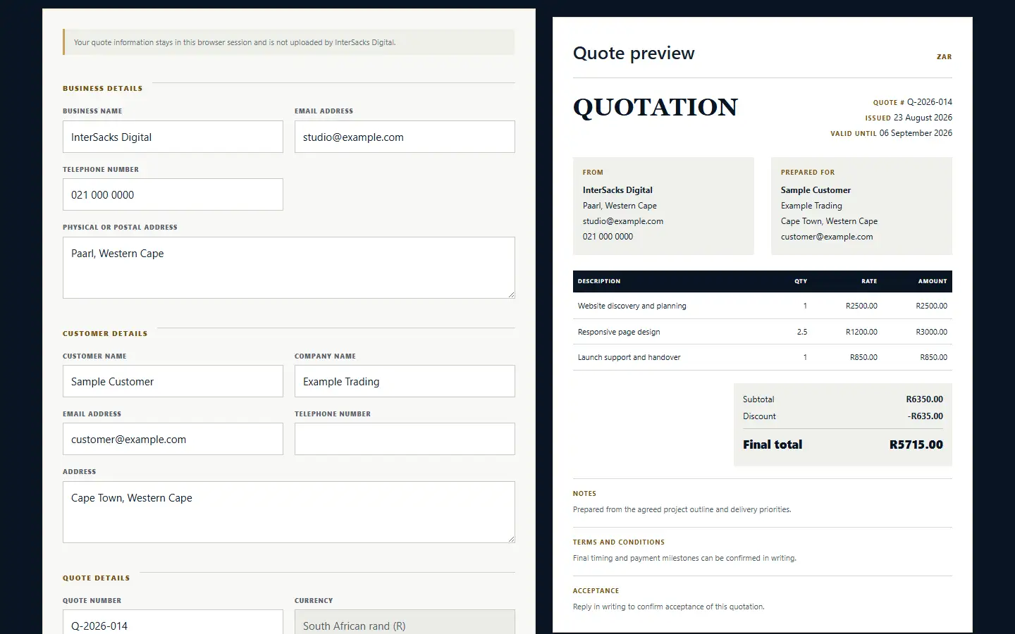 InterSacks Quote Generator form with a completed quotation preview
