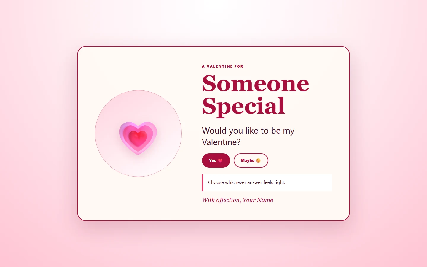 Generic Valentine card template with accessible response choices