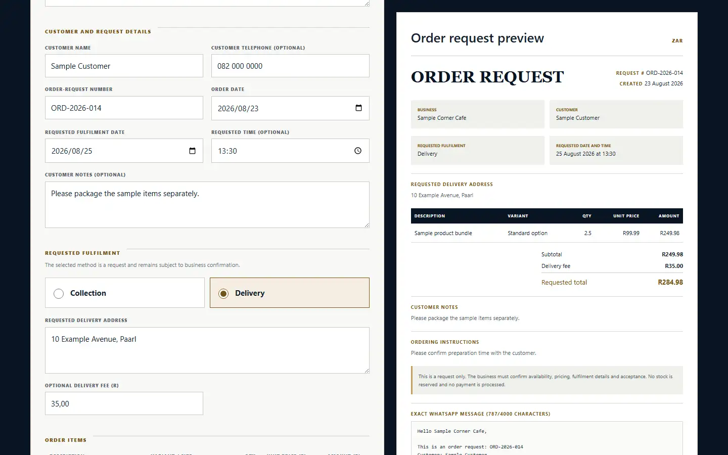 InterSacks WhatsApp Order Builder form with an itemized order-request preview